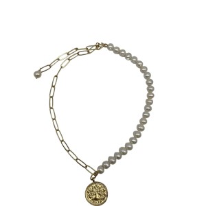 Gold Tag Pearl Necklace